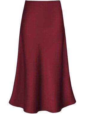 Women's Wine Red Polyester And Elastane High Waisted A Line Satin Midi Skirt